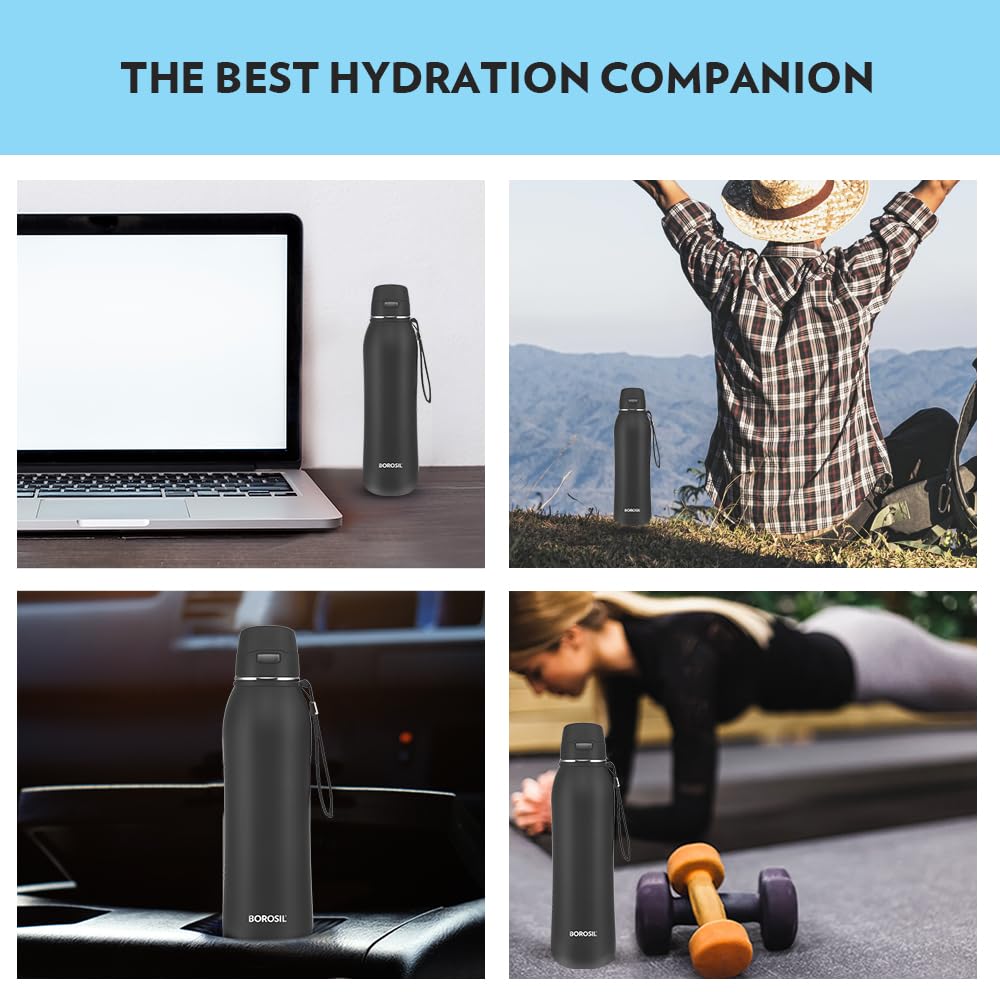 Rivera Black 800ML Hot & Cold Stainless Steel Bottle | Press-to-Open Lid, Double Wall Vacuum Insulated | BT800BK129