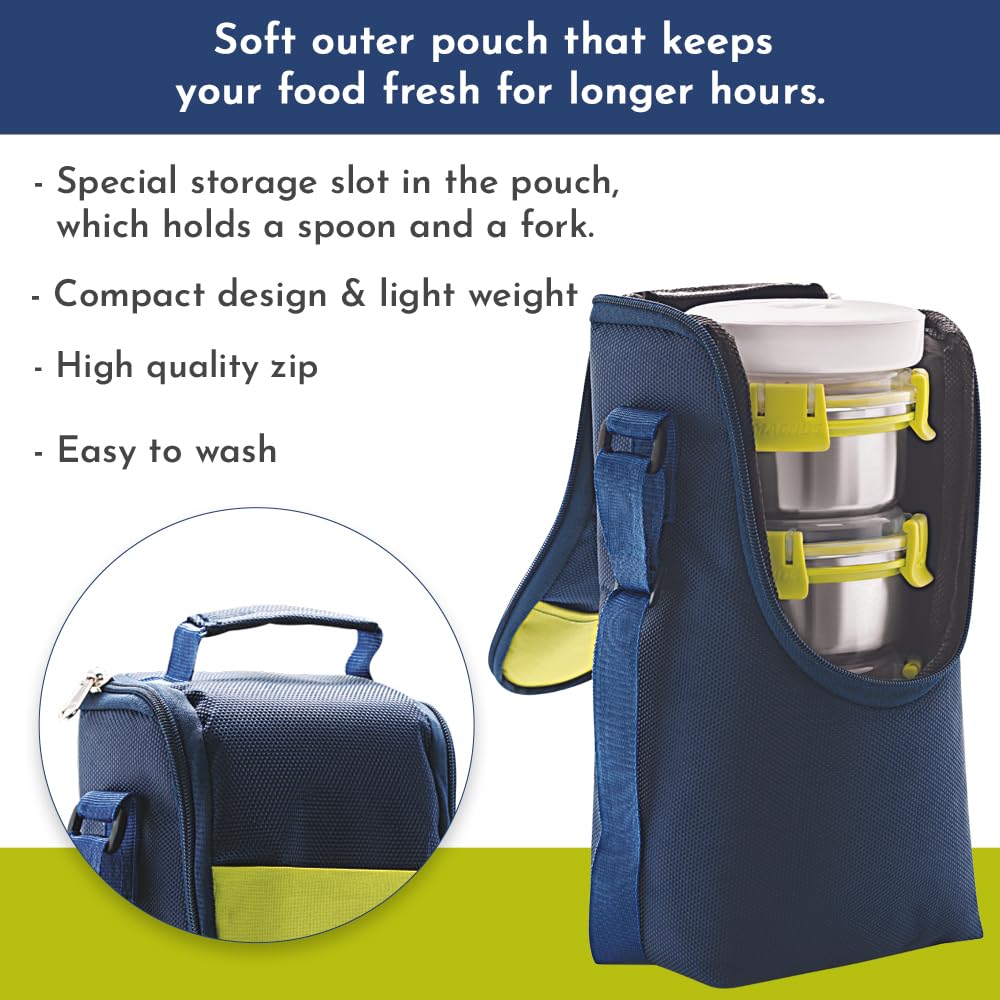 Aura 4-Piece Stainless Steel Lunch Box Set with Tiffin Bags, Utensils & Pouch | Airtight, Leakproof Containers for Office Men, Women, Kids | Insulated Covers, BPA-Free Lunch Boxes for Kids