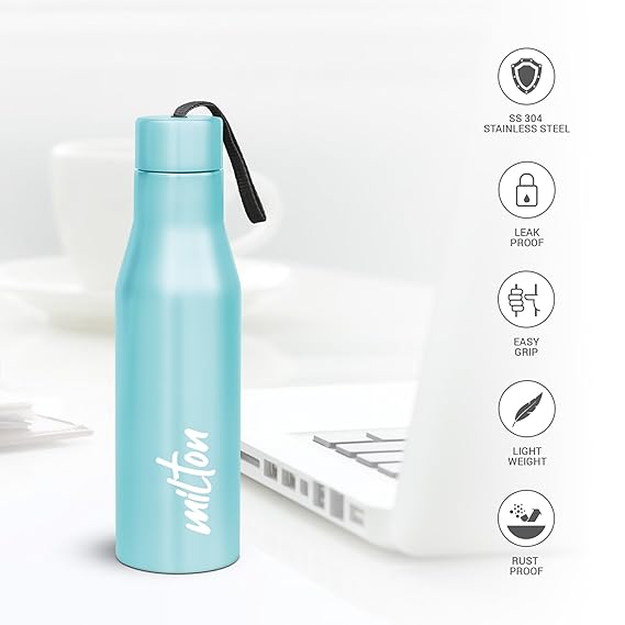 Milton Super 1000 Stainless Steel Water Bottle 1 ltr, Single Walled, ISI Certified I Leak Proof Lid, Rust Proof I For School, Office, Gym I Sky Blue