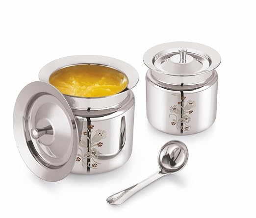 Mukti Stainless Steel Food Storage Jars & Containers|Ghee, Oil, Pickle Pot|Serving & Storing|Vintage Flora Ghee Pot with Spoon & Lid|250ml x 1