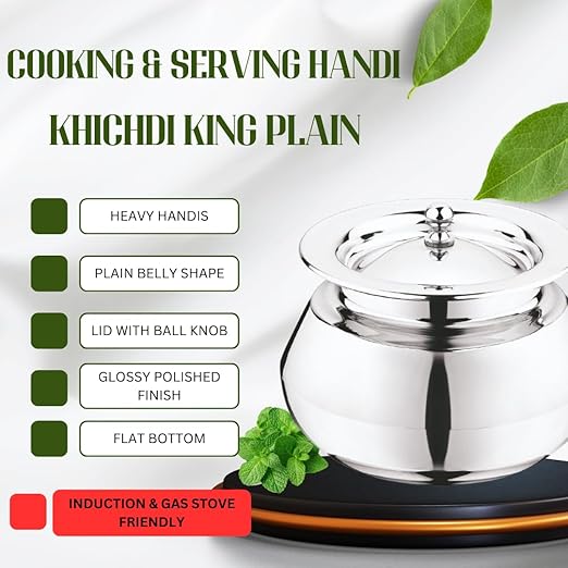 Mukti Stainless Steel Food Storage Handis & Cooking Pots|Curry Pots, Gravy, Rice Patilas, Biryani Kadhai & Topes|Khichdi King with Lid|2000ml x 1pc