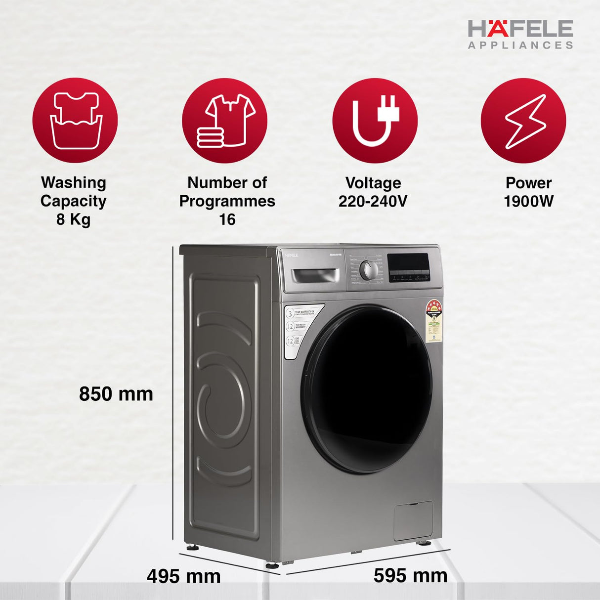Amara 8014W 8 Kg Fully Automatic Front Load Washing Machine – 1400 RPM, Steam Wash, Hexa-Wash, Seal Grey, 533.93.710
