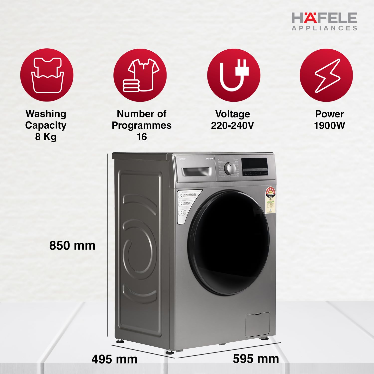 Amara 8014W 8 Kg Fully Automatic Front Load Washing Machine – 1400 RPM, Steam Wash, Hexa-Wash, Seal Grey, 533.93.710