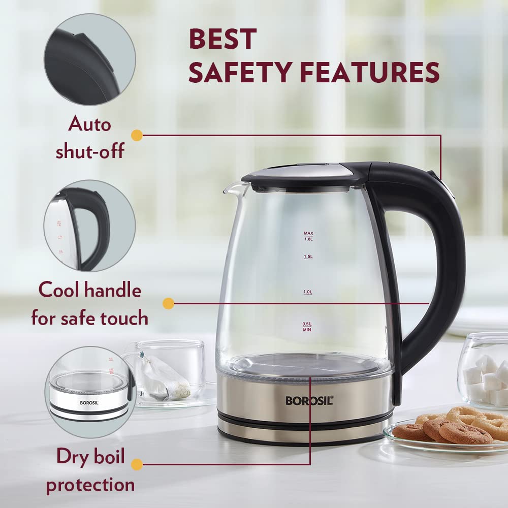 Electric Glass Kettle, Borosilicate Glass, Extra Long Cord, Dry-boil Protection, 360° Rotating Base, 1.8 L, Transparent