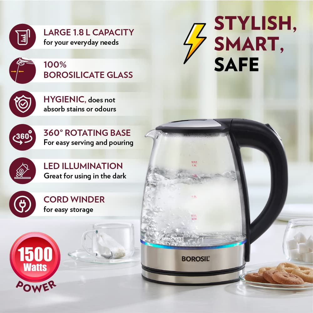 Electric Glass Kettle, Borosilicate Glass, Extra Long Cord, Dry-boil Protection, 360° Rotating Base, 1.8 L, Transparent
