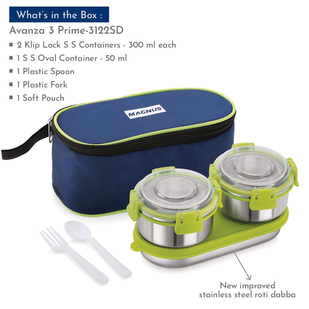Avanza 3 Prime - Stainless Steel Leakproof Lunch Box with Klip Lock & Insulated Bag | Tiffin for Office, School, Men, Women, Kids | Airtight & BPA-Free Food Containers