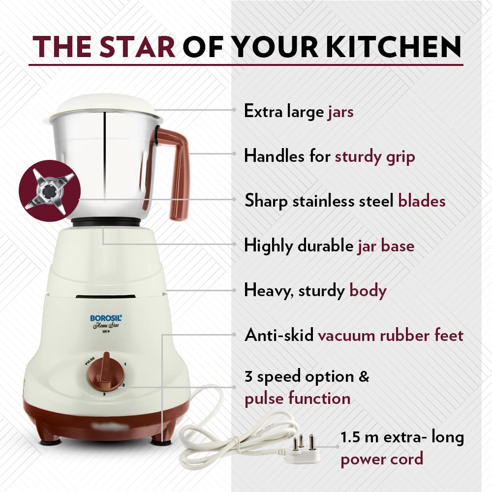 Borosil Home Star Mixer Grinder 500 W, 3 Jars