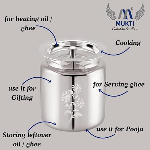 Mukti Stainless Steel Food Storage Jars & Containers|Ghee, Oil, Pickle Pot|Serving & Storing|Heritage Flora Ghee Pot Without Spoon|300ml x 1