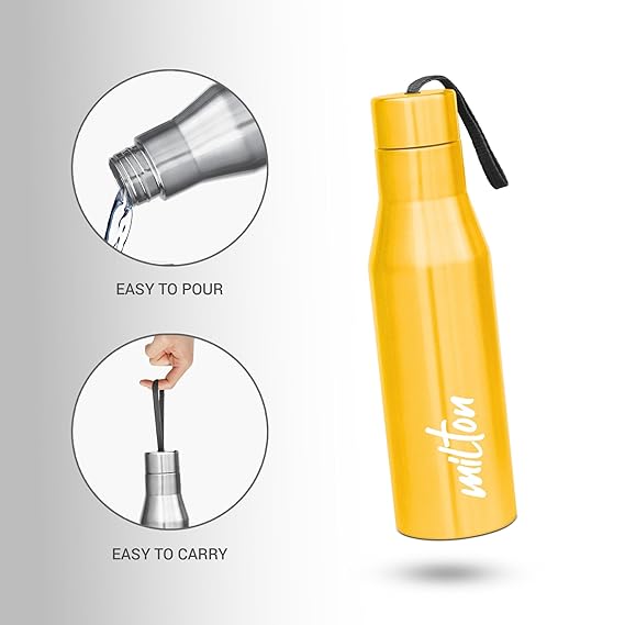 Milton Super 1000 Stainless Steel Water Bottle 1 ltr, Single Walled, ISI Certified I Leak Proof Lid, Rust Proof I For School, Office, Gym I Yellow