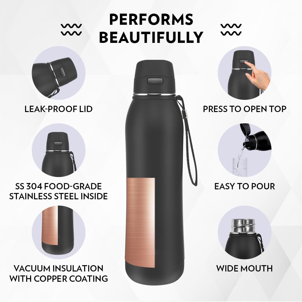 Rivera Black 800ML Hot & Cold Stainless Steel Bottle | Press-to-Open Lid, Double Wall Vacuum Insulated | BT800BK129