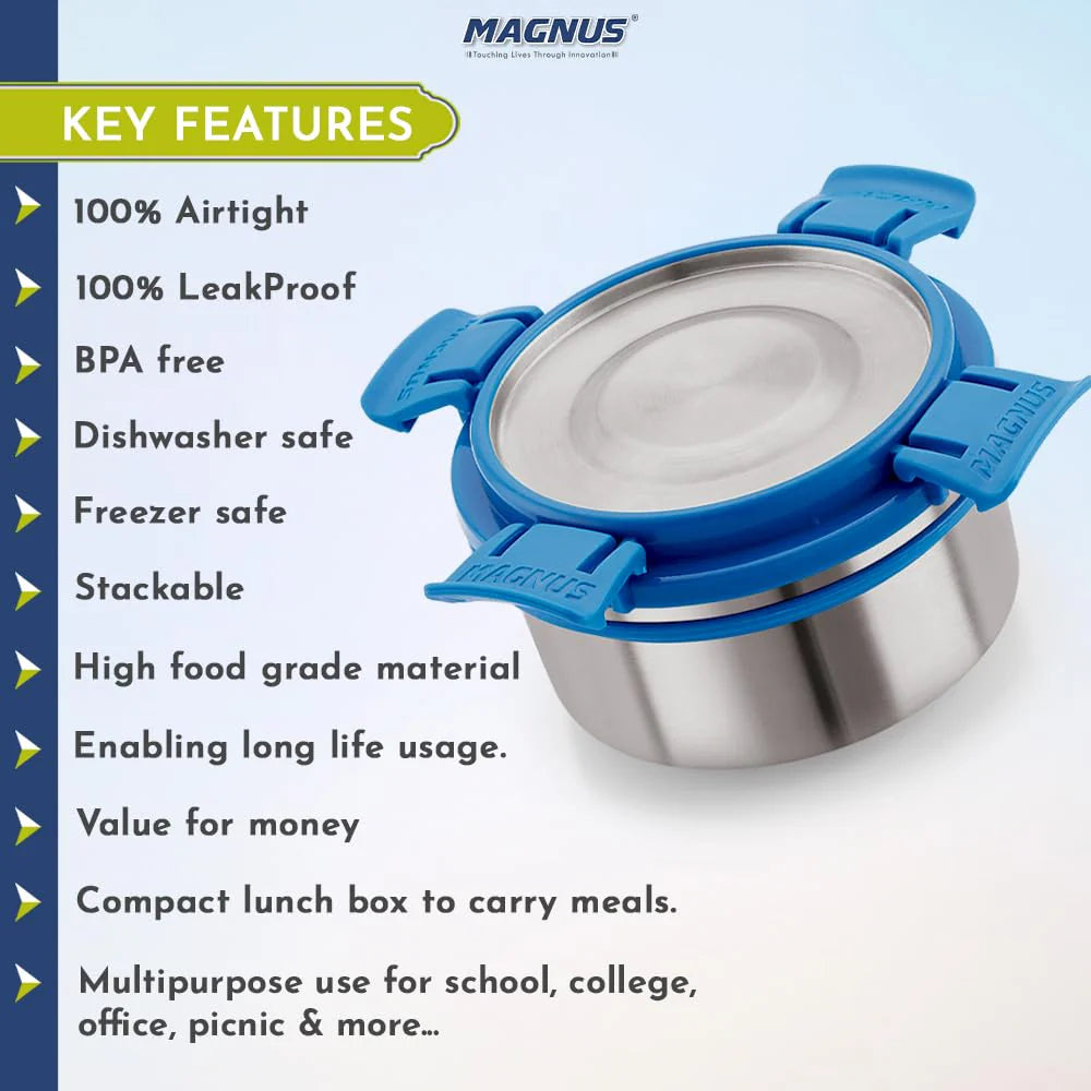 Aura 3 Deluxe Stainless Steel Lunch Box | Airtight & Leakproof Design with Insulated Cover | Ideal Lunch Box for Kids, Office Men & Women | Premium Tiffin Container (Blue)