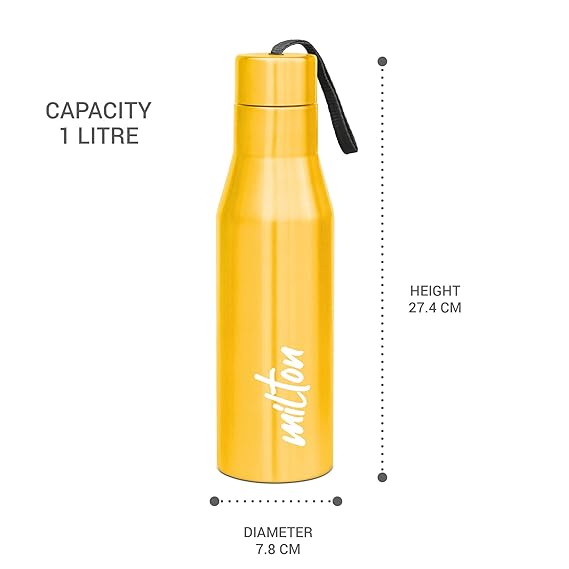 Milton Super 1000 Stainless Steel Water Bottle 1 ltr, Single Walled, ISI Certified I Leak Proof Lid, Rust Proof I For School, Office, Gym I Yellow