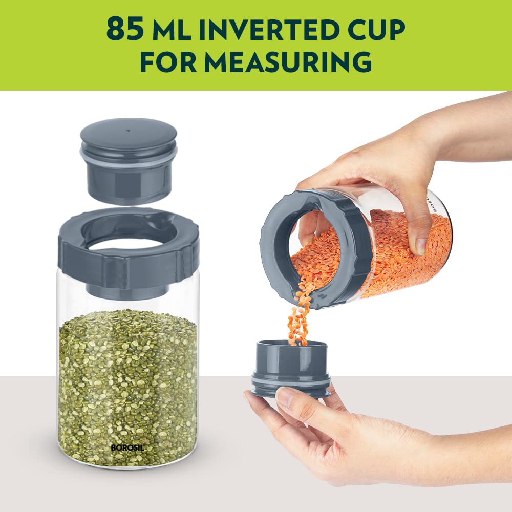 Borosil Easyscoop Endura 900 ml Glass Jar With PP Lid & Scoop Cup, Air-Tight Storage Container For Kitchen, Glass Jar For Storing Spices, Dals, Grains, Rice, Clear With Grey Lid, Round