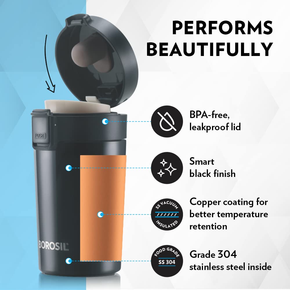 Coffeemate Insulated Mug 380ML Black | Leakproof Travel Mug with Touch Lid & Tea Infuser | BT380BLK130