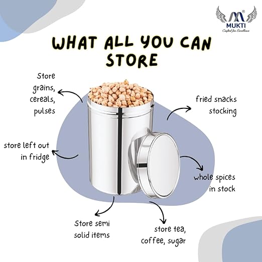 Mukti Stainless Steel Food Storage Jars & Containers|Dabba|Kitchen Jar Opaque Lid|1300ml x 1pc