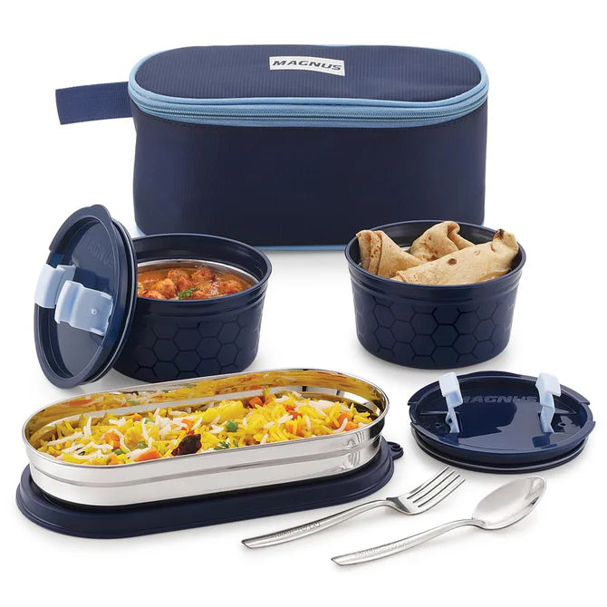 Microwave Safe Olive 3 Prime Lunch Box Set - Stainless Steel Containers with Roti Slot, Fork & Spoon Included, Insulated Bag - Lunch Box for Kids, Lunch Boxes for Office Men, Women, School