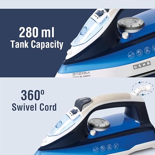 Usha Steam Pro SI 3820 Steam Iron 2000 W with Easy-Glide Durable Ceramic Soleplate, Powerful Steam Output from 73 Steam Vents, 280 ml Water Tank (Blue)