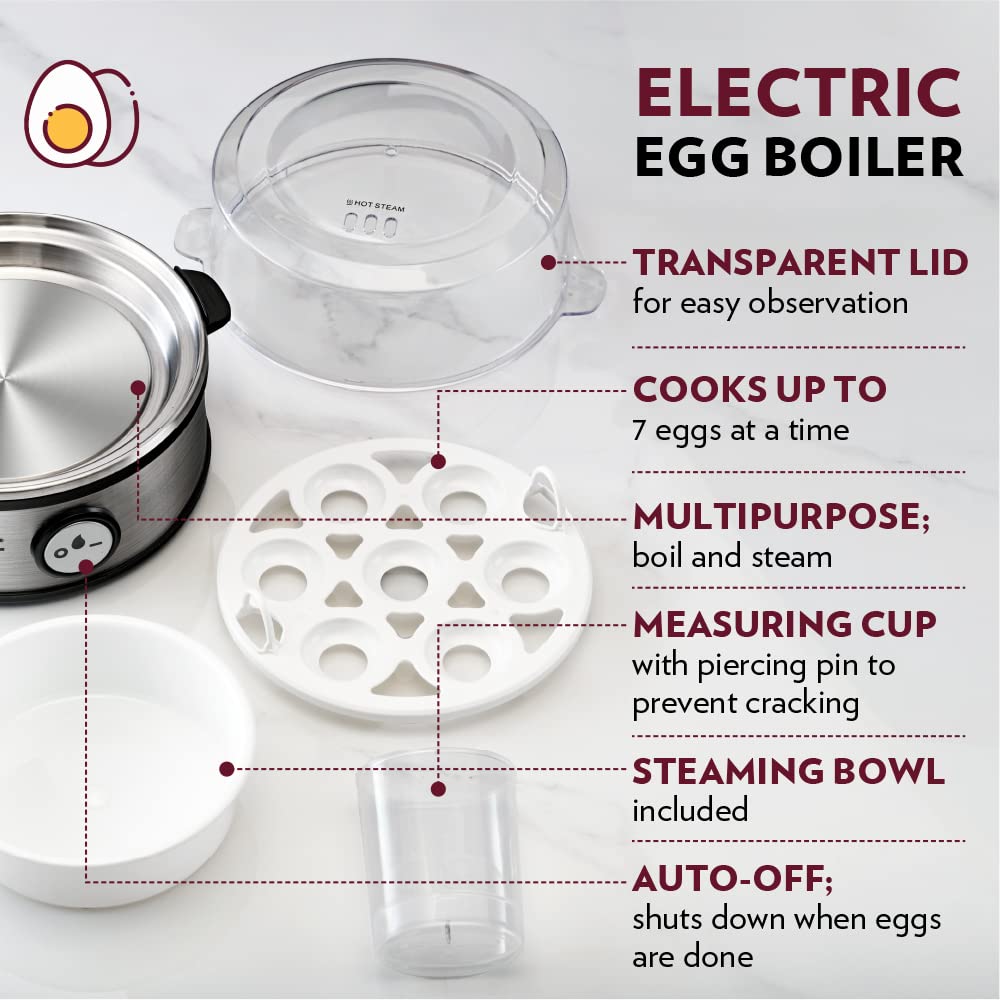 Electric Egg Boiler, 7 Egg Capacity, For Hard, Soft, Medium Boiled Eggs, Steamed Vegetables, Transparent Lid, Stainless Steel Exterior