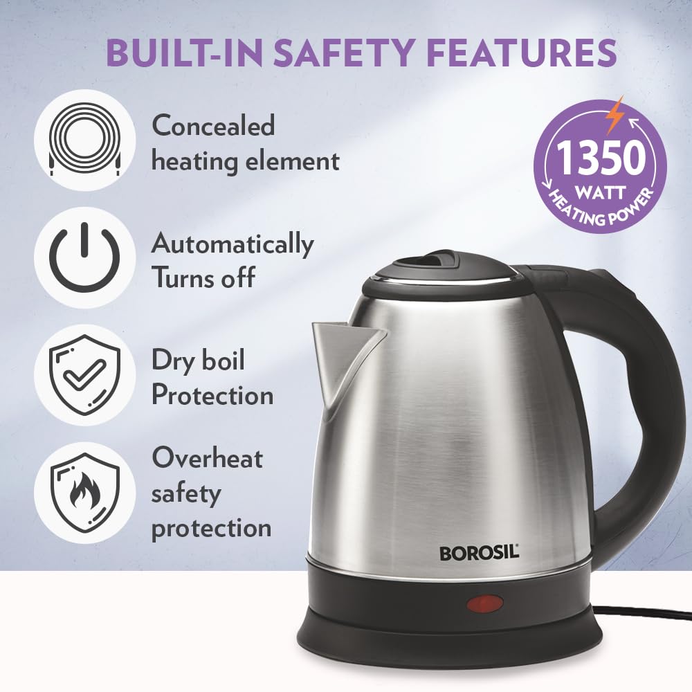 Stainless Steel 1350W Electric Kettle (1.5L) | Classic Design with Auto Shut-Off, Dry Boil Protection, and 360° Swivel Base for Hot Water, Tea, Coffee and Soup