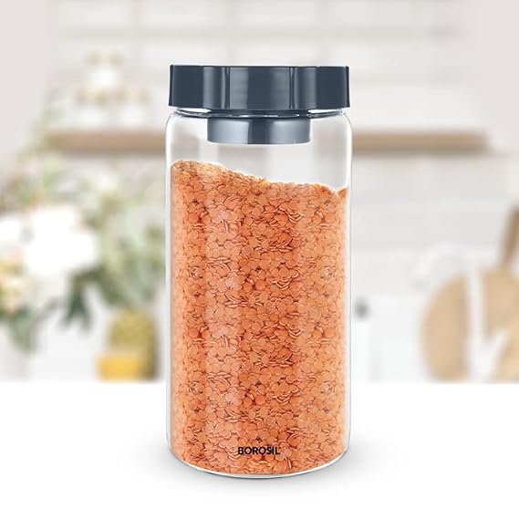 Borosil 1.2L Easyscoop Endura Glass Jar with PP Lid | Made in India Borosilicate Glass Storage Organiser | Microwave & Dishwasher Safe Kitchen Containers for Spices, Snacks, Grains, Dals | Transparent
