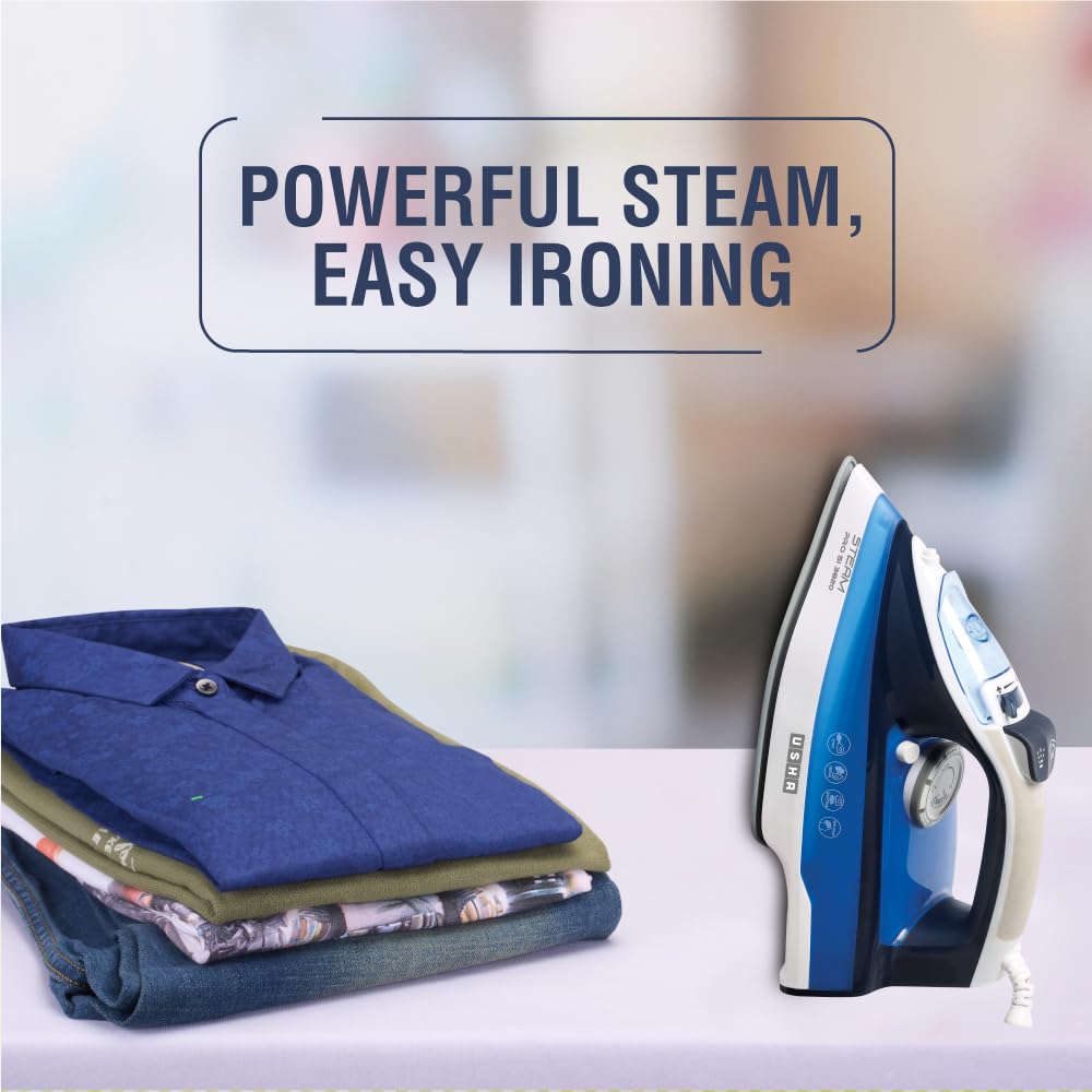 Usha Steam Pro SI 3820 Steam Iron 2000 W with Easy-Glide Durable Ceramic Soleplate, Powerful Steam Output from 73 Steam Vents, 280 ml Water Tank (Blue)