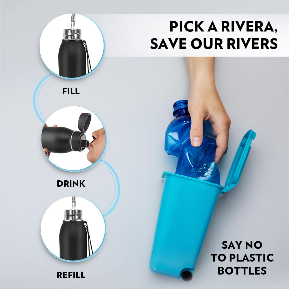 Rivera Black 600ML Hot & Cold Stainless Steel Bottle | Press-to-Open Lid, Double Wall Vacuum Insulated | BT6008K128