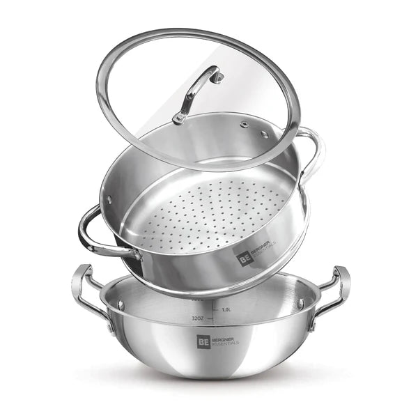 BGIN-6213  MULTI-PURPOSE TRI-PLY KADAI 24cm  WITH STEAMER AND GLASS LID