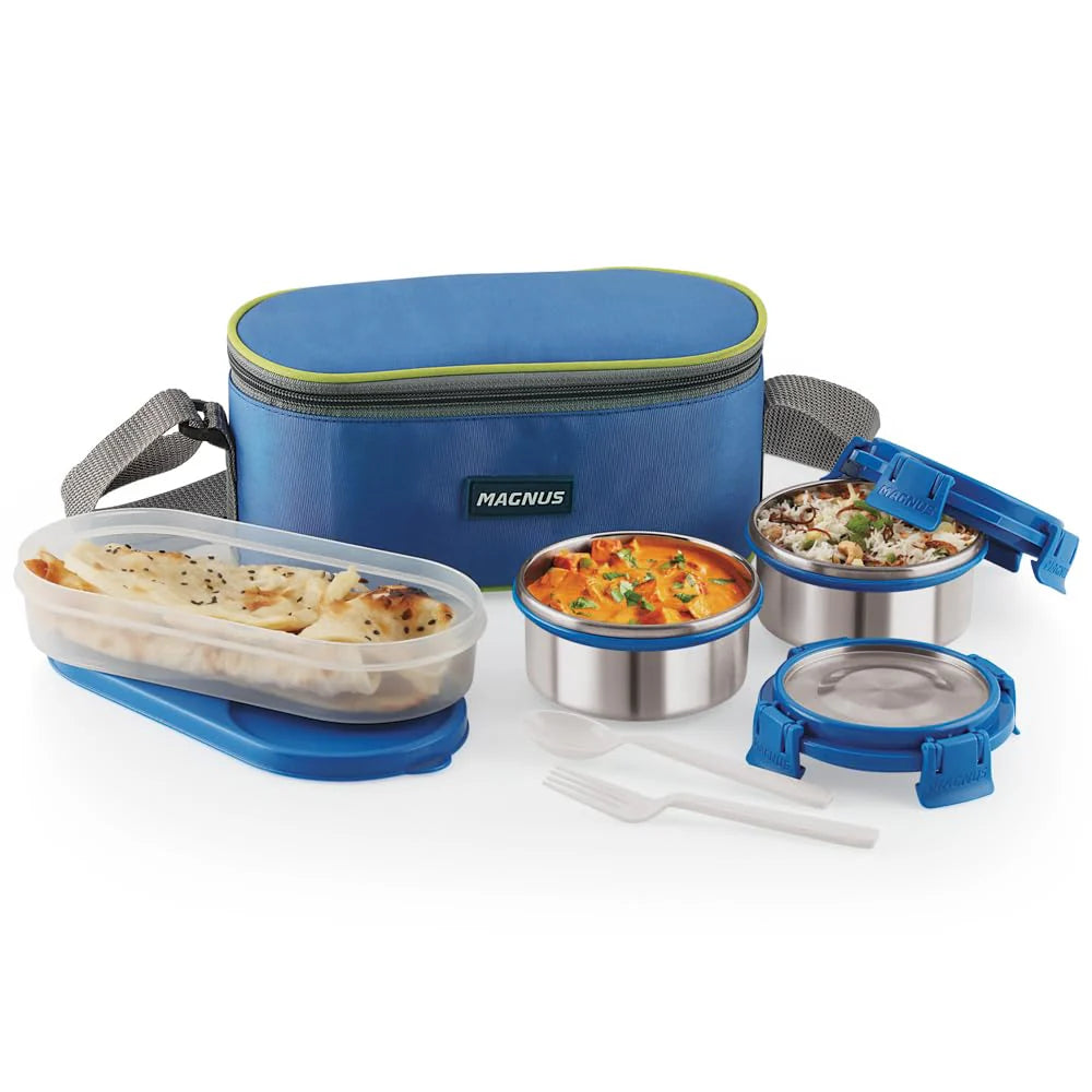 Avanza 3 Deluxe Stainless Steel Lunch Box with Plastic Container | Airtight & Leakproof | Includes Carrying Pouch – Ideal for Office Men, Women & Kids