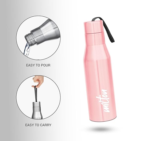 Milton Super 750 Stainless Steel Water Bottle 650 ml, Single Walled, ISI Certified I Leak Proof Lid, Rust Proof I For School, Office, Gym I Light Pink