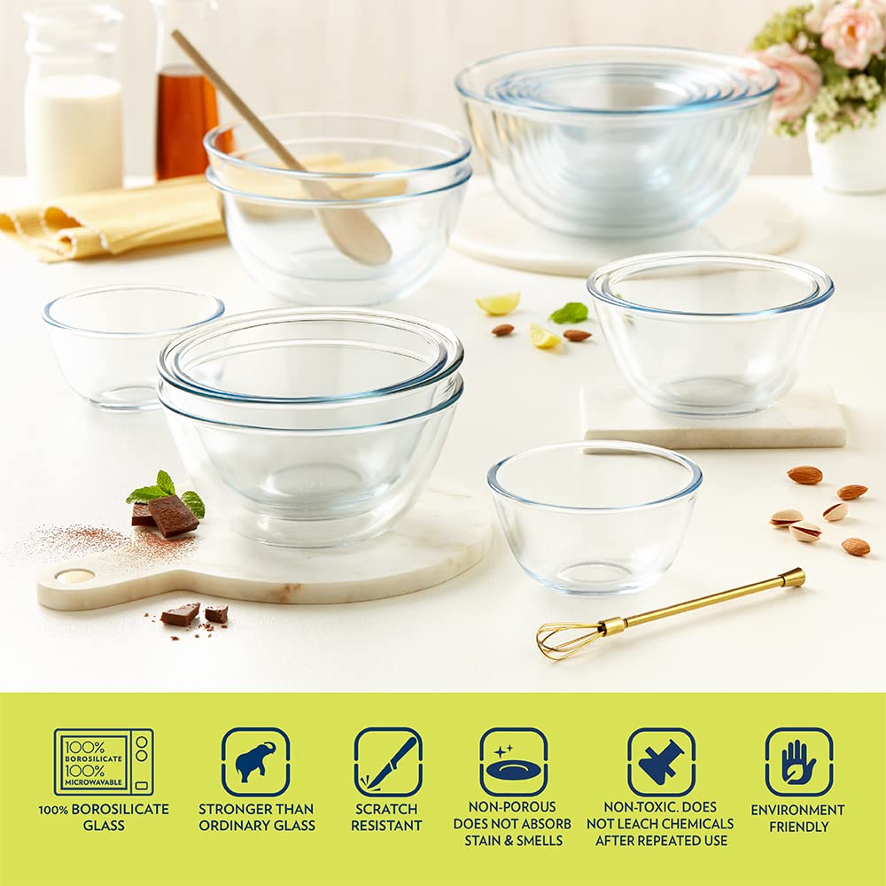 350 ml Serving & Mixing Borosilicate Glass Bowl | Multipurpose Round Bowl for Kitchen & Dinning | Transparent Bowl for Mixing Dough, Salad, Cake Batter, Pasta | Microwave & Dishwasher Safe