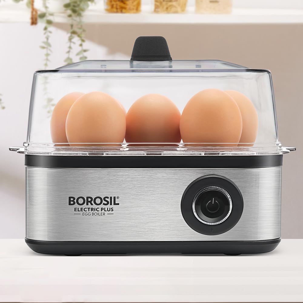 Electric Plus Egg Boiler, Boil Upto 8 Eggs At A Time, For Hard, Soft, Medium Boiled Eggs, Steamed Vegetables, Transparent Lid, Stainless Steel Exterior