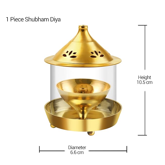 Treo Shubham Brass Diya with Borosilicate Glass Cover, Small