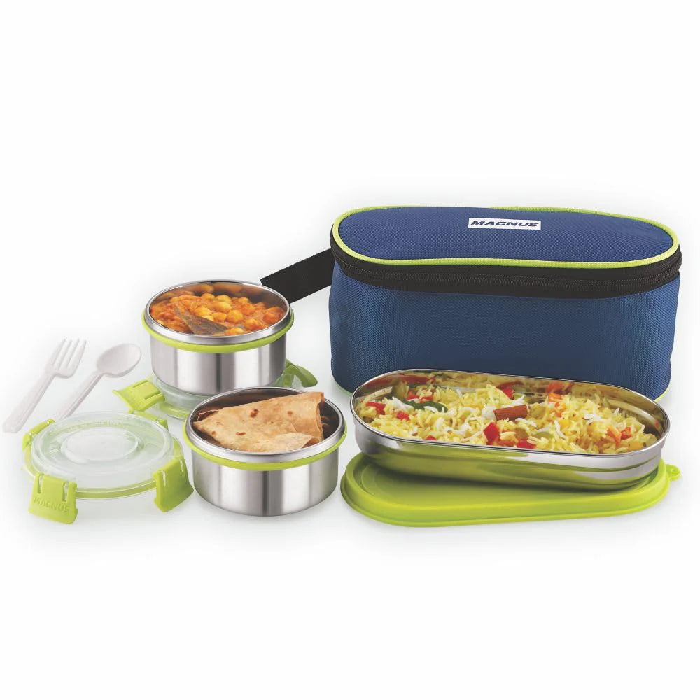 Avanza 3 Prime - Stainless Steel Leakproof Lunch Box with Klip Lock & Insulated Bag | Tiffin for Office, School, Men, Women, Kids | Airtight & BPA-Free Food Containers