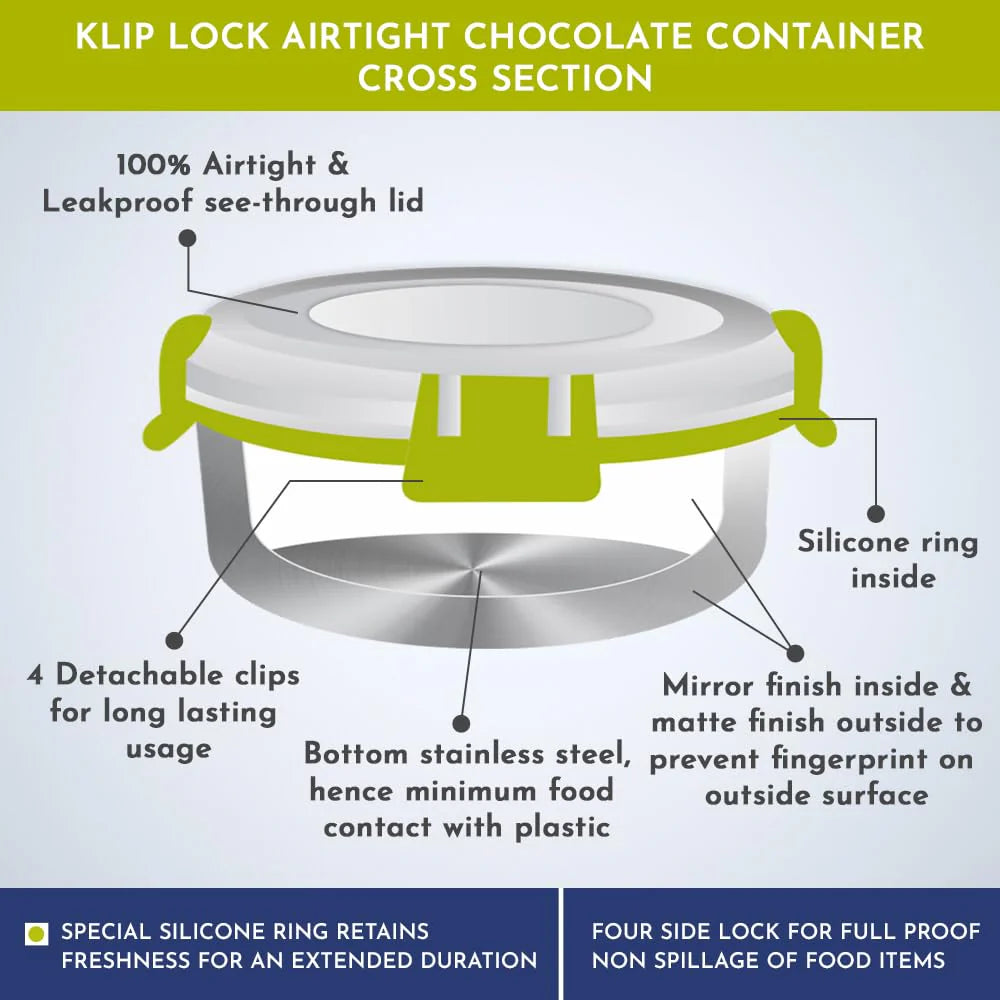 Klip Lock Stainless Steel Airtight Leakproof Storage Container 260ML – Compact Chocolate Container, Ideal Lunch Box for Office Men, Women & Kids