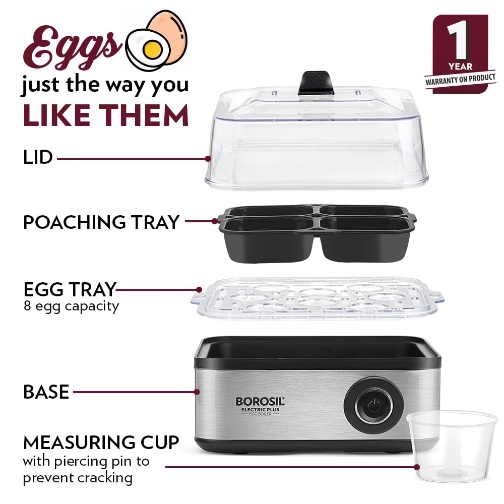 Electric Plus Egg Boiler, Boil Upto 8 Eggs At A Time, For Hard, Soft, Medium Boiled Eggs, Steamed Vegetables, Transparent Lid, Stainless Steel Exterior