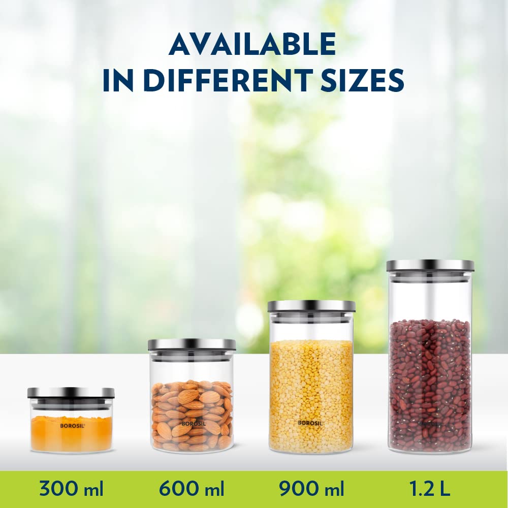 Borosil Classic Glass Jar, Air-Tight Storage Containers For Kitchen, Glass Storage Organiser For Spices, Snacks, Grains, Dals, 300ml, Clear
