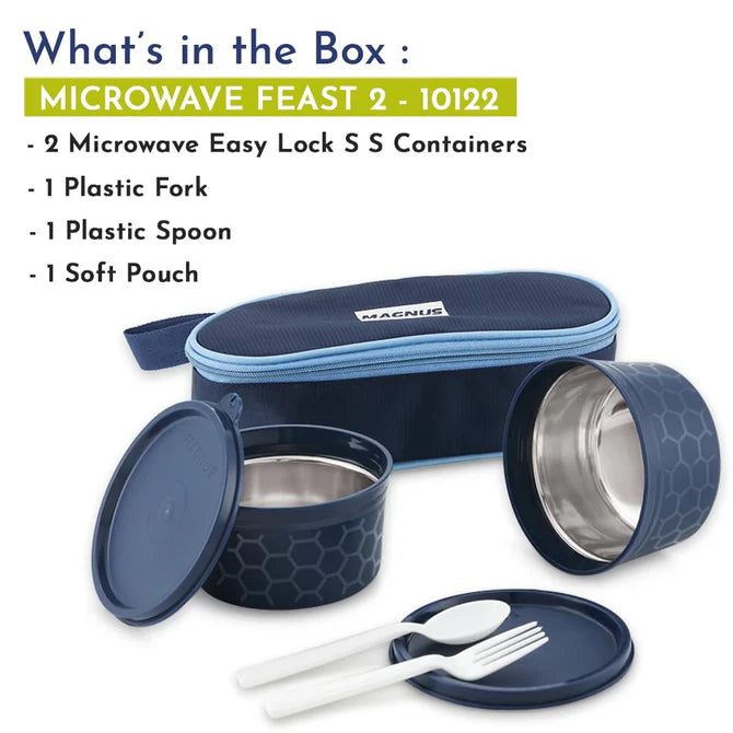 Feast 2 Microwave Safe Stainless Steel Lunch Box for Kids | Leakproof Tiffin with Insulated Cover | BPA-Free Containers | Lunch Boxes for Office Men & Women | Hot Food Safe | Blue