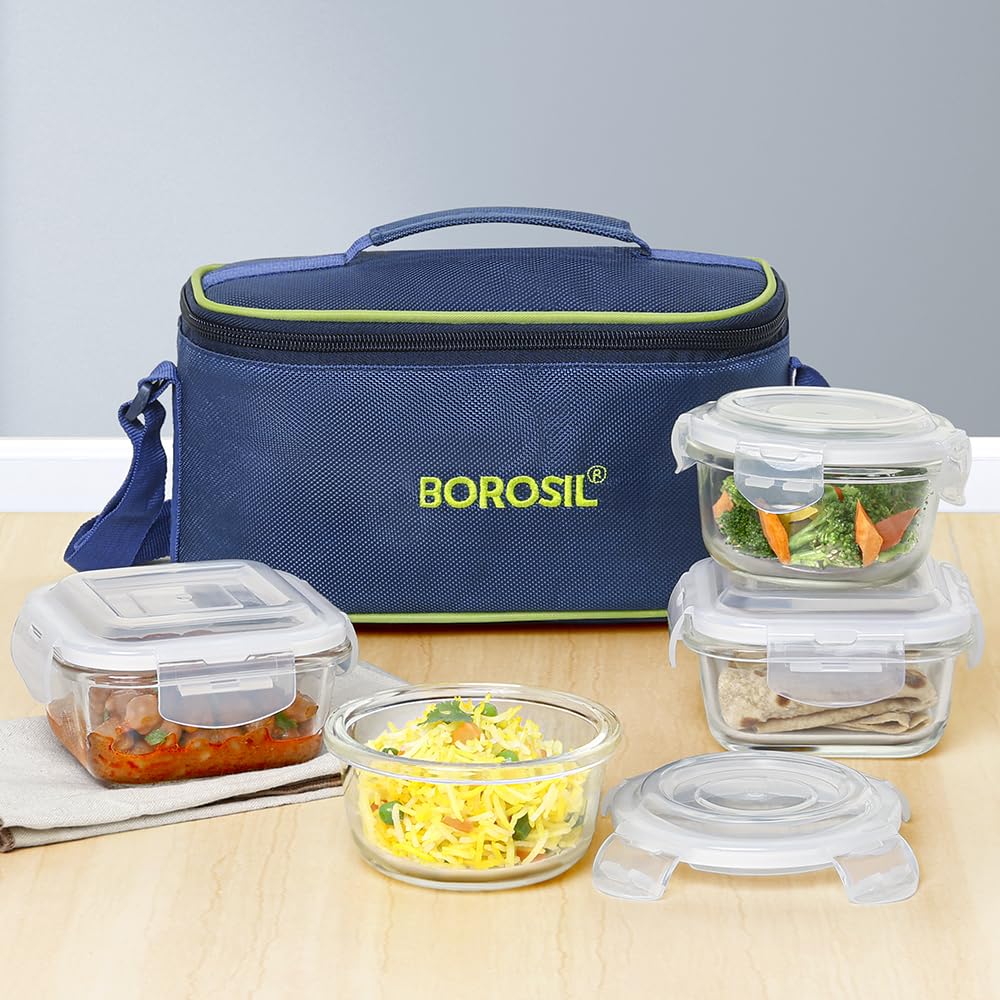 Borosil Klip n Store Universal Lunchbox | Set of 4 (320ml x 2 Square + 240ml x 2 Round), Borosilicate Glass | Microwave & Dishwasher Safe, Leakproof | Tiffin for Office/School/College | Transparent