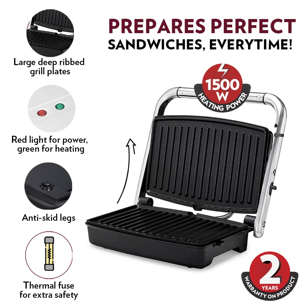 Borosil Jumbo 180° Grill Sandwich Maker 1500 W, opens 180°, 4 sandwiches