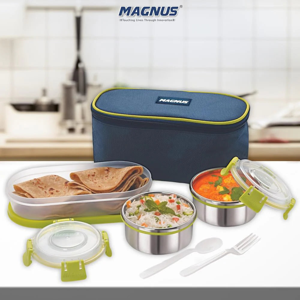Avanza 3 Stainless Steel Lunch Box Set | 1050ml | Leakproof Tiffin with Bag | Ideal for Office, School, Men, Women, Kids | Air-Tight Food Carrier