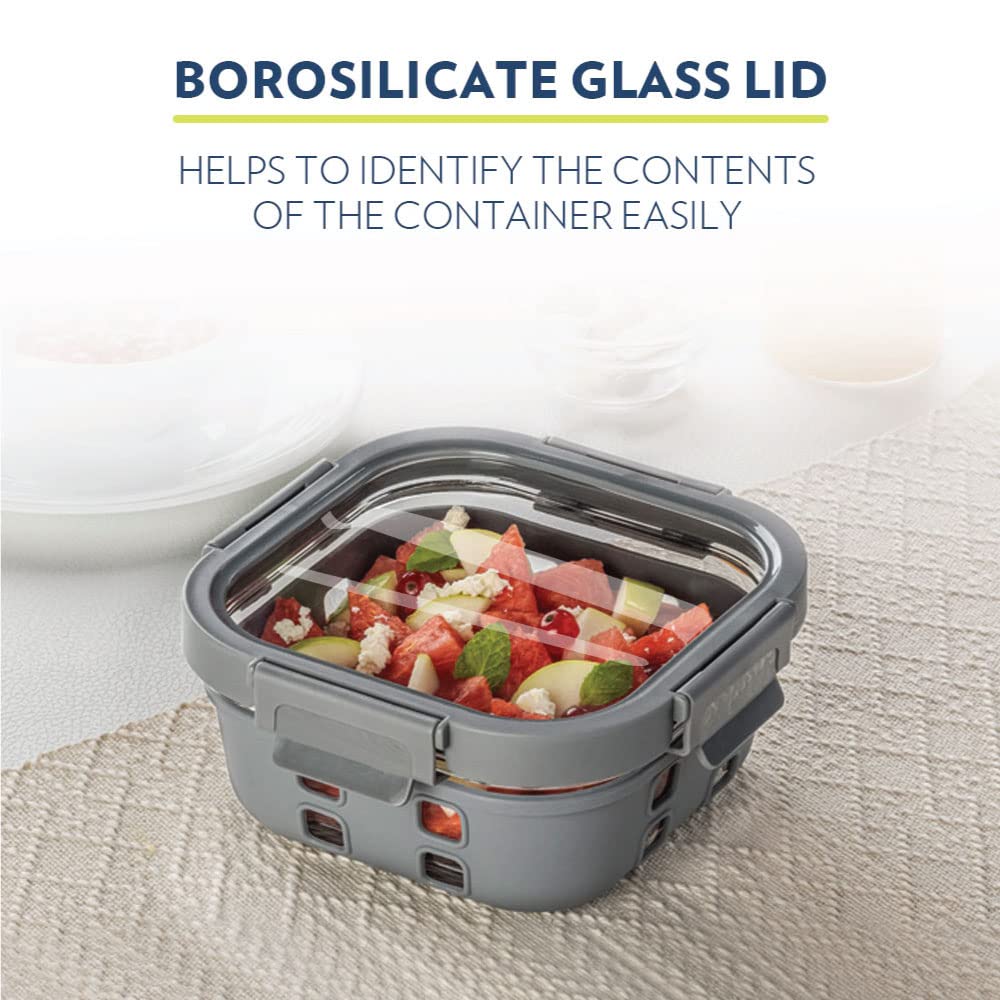 Borosil Klip N Store Plus 520 ml Square Glass Food Storage Container with Air Tight Glass Lid | Borosilicate Glass Container for Lunchbox | Microwave & Dishwasher Safe | Transparent