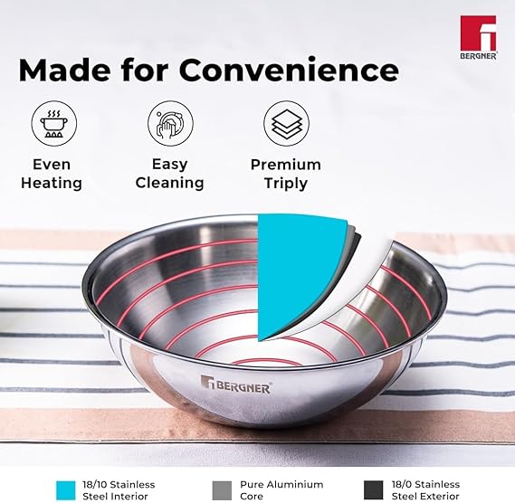 Argent Triply 18 cm Tasla/Kadai – 1.3L, Multi-Layer Stainless Steel, Mirror Finish, Stainless Steel Lid, Ideal for Deep-Fry, Sauté, Stir-Fry, Mixing, Desserts Gravy, Induction  Gas Compatible BG-6904