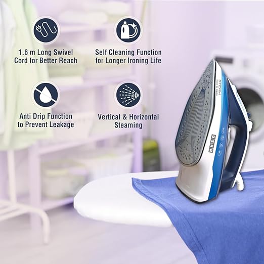 Usha Steam Pro SI 3820 Steam Iron 2000 W with Easy-Glide Durable Ceramic Soleplate, Powerful Steam Output from 73 Steam Vents, 280 ml Water Tank (Blue)
