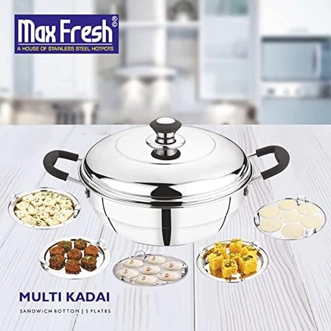 Stainless Steel Dhamaka Multi Kadai with Sandwich Bottom with 5 Plates in 1, Induction frinedly,Silver