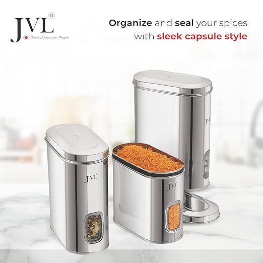 JVL Stainless Steel Kitchen Storage Container, Capsule Shape Galaxy Window Canister with Unbreakable Steel Lid - Durable and Elegant Food Storage Jar for Spices, Snacks, Grains (1.2 Litres) GW-0