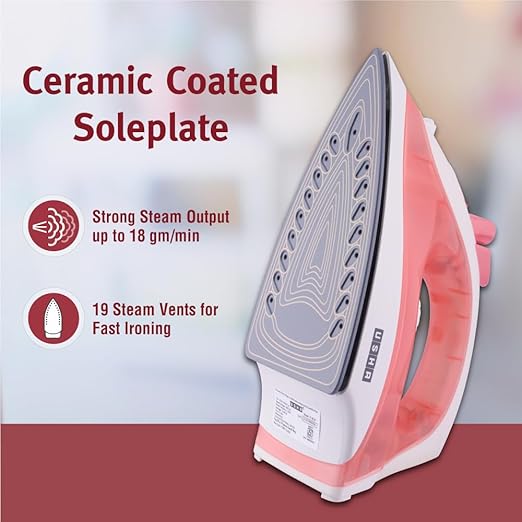 Usha SI 3813 C 1300W Steam Iron with Ceramic Coated Sole Plate, Self Cleaning, 180ml Water Tank, 360° Swivel Cord, Spray & Steam Burst Function Pink