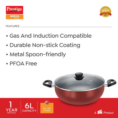 Omega Deluxe Aluminium Non-Stick Round Base Deep Kadai with Glass Lid 30cm (Red) 36727