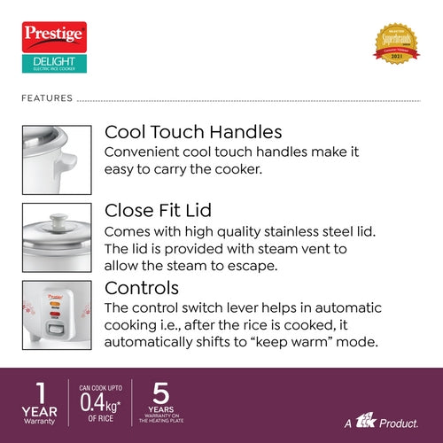 Delight PRWO Electric Rice Cooker (Off-white) | Close Fit Lid | Detachable Power Cord | Keep Warm Mode