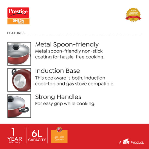 Omega Deluxe Aluminium Non-Stick Round Base Deep Kadai with Glass Lid 30cm (Red) 36727