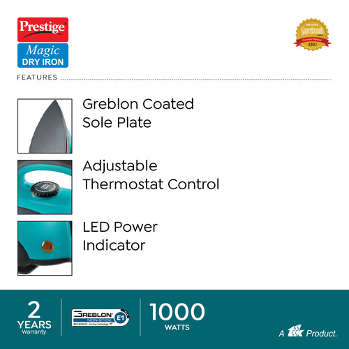 PDI 07 Magic Dry Iron 1000W with Greblon Coated Sole Plate (Blue, Black)